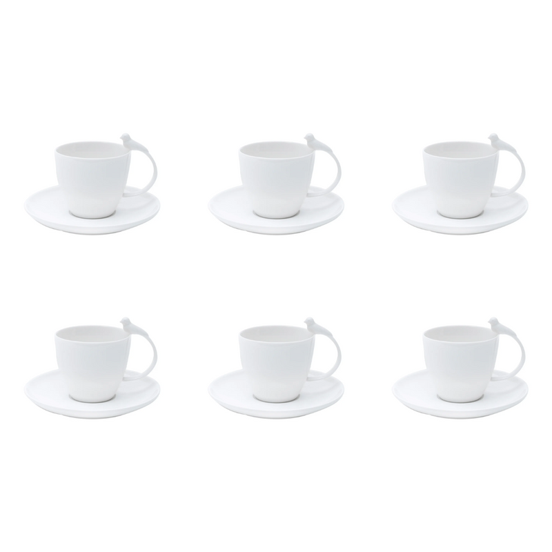 Jogo 6 Xicaras de Cha Porcelana com Pires Birds Branco 200ml