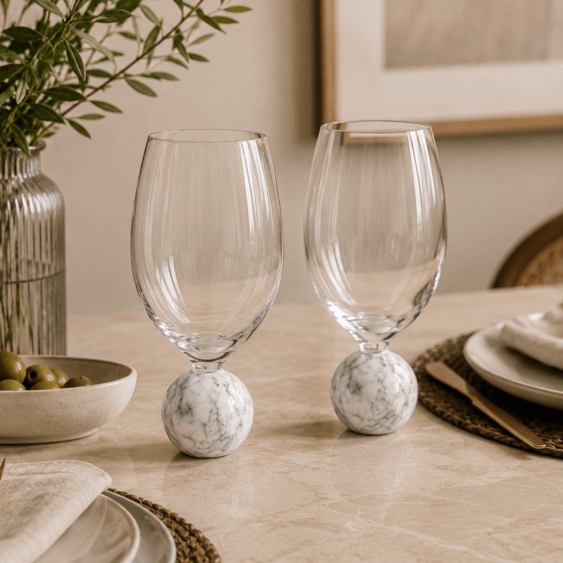 Jogo 2 Taças Base Esfera para Vinho Cristal e Marmore Branco 520ml
