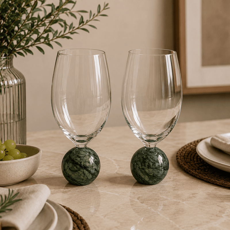 Jogo 2 Taças Base Esfera para Vinho Cristal e Marmore Verde 520ml
